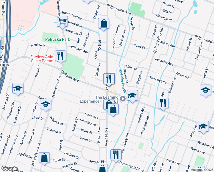map of restaurants, bars, coffee shops, grocery stores, and more near Forest Avenue in Paramus