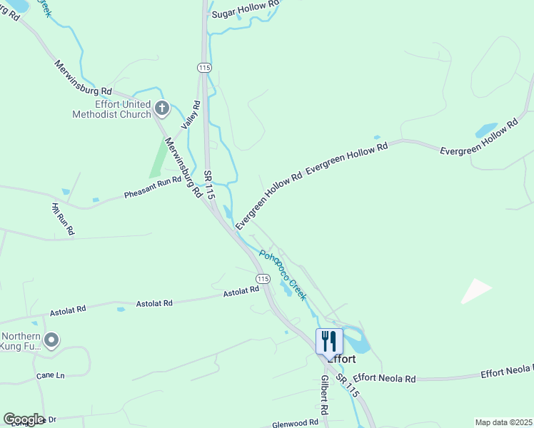 map of restaurants, bars, coffee shops, grocery stores, and more near 126 Evergreen Hollow Road in Effort
