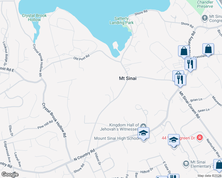 map of restaurants, bars, coffee shops, grocery stores, and more near 94 Shore Road in Mount Sinai