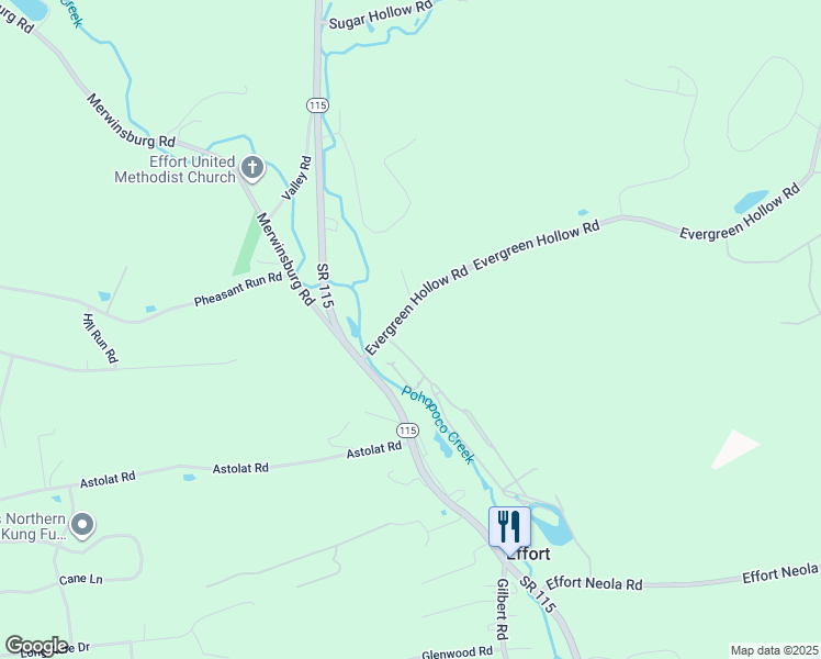 map of restaurants, bars, coffee shops, grocery stores, and more near 126 Evergreen Hollow Road in Effort
