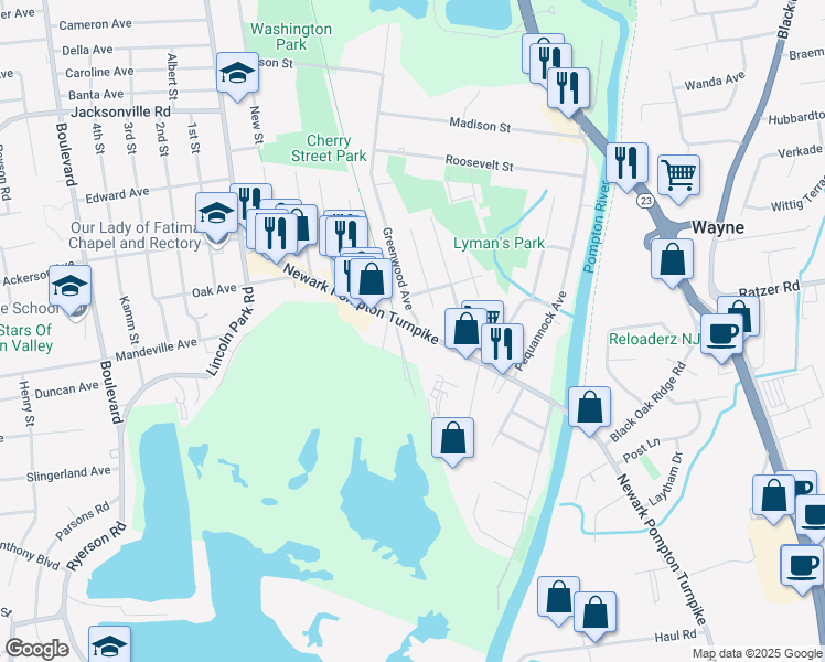 map of restaurants, bars, coffee shops, grocery stores, and more near 119 Newark Pompton Turnpike in Pequannock Township