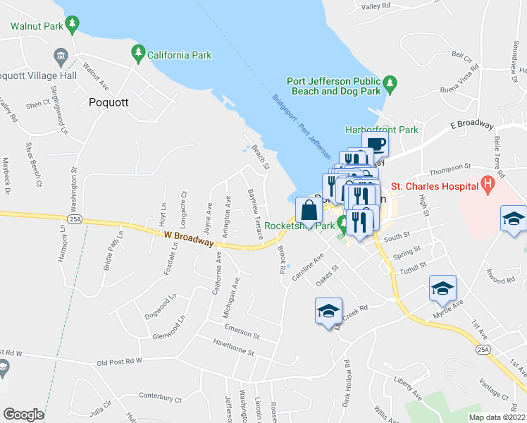 map of restaurants, bars, coffee shops, grocery stores, and more near 117 Beach Street in Port Jefferson