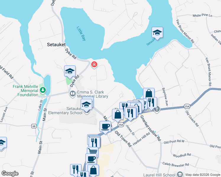 map of restaurants, bars, coffee shops, grocery stores, and more near 7 Shipyard Lane in Setauket- East Setauket
