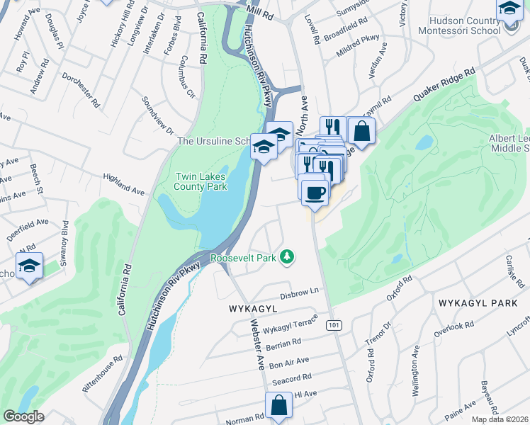 map of restaurants, bars, coffee shops, grocery stores, and more near 25 Old Orchard Road in New Rochelle