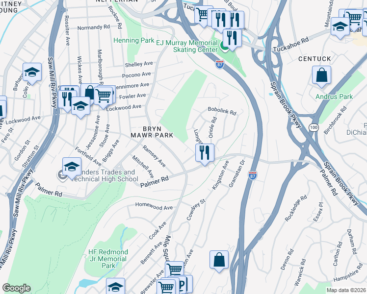 map of restaurants, bars, coffee shops, grocery stores, and more near 25 Bryn Mawr Terrace in Yonkers