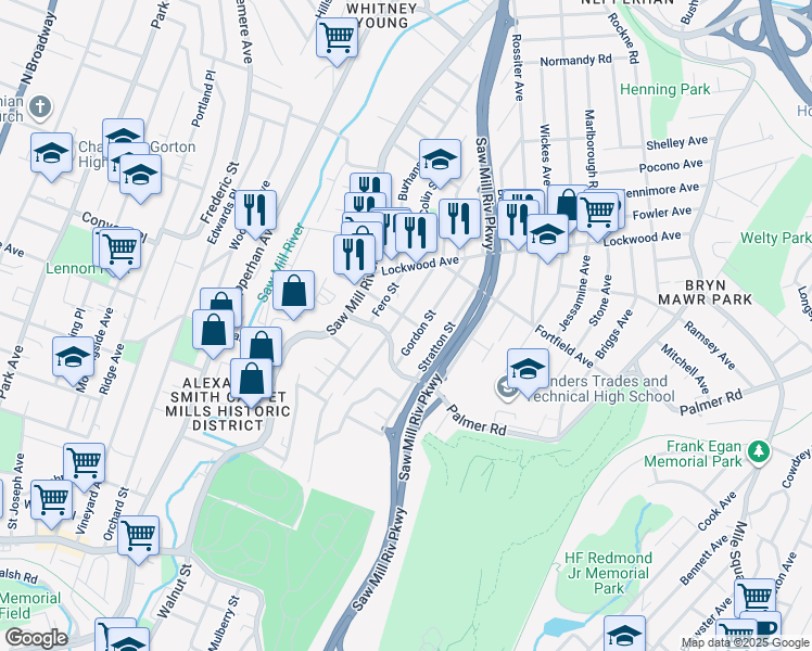 map of restaurants, bars, coffee shops, grocery stores, and more near 29 Gordon Street in Yonkers