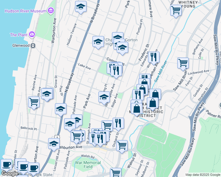 map of restaurants, bars, coffee shops, grocery stores, and more near 217 Ridge Avenue in Yonkers