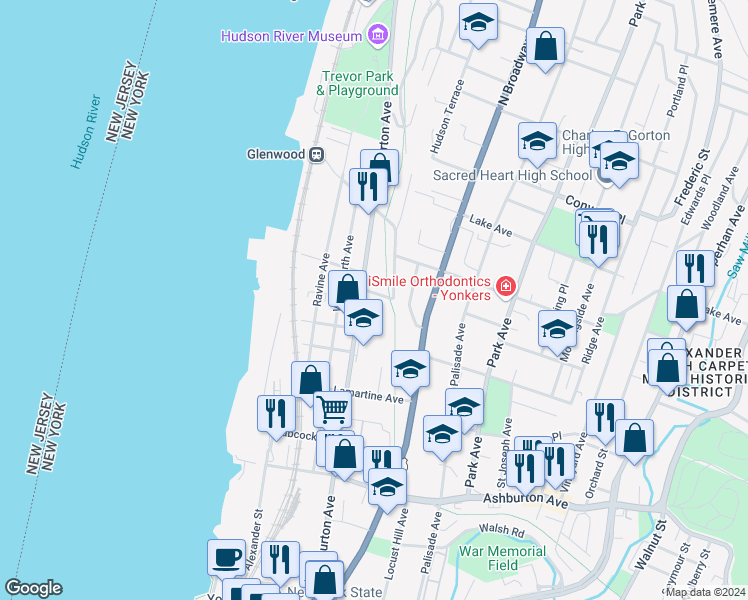 map of restaurants, bars, coffee shops, grocery stores, and more near 22 Wicker Street in Yonkers