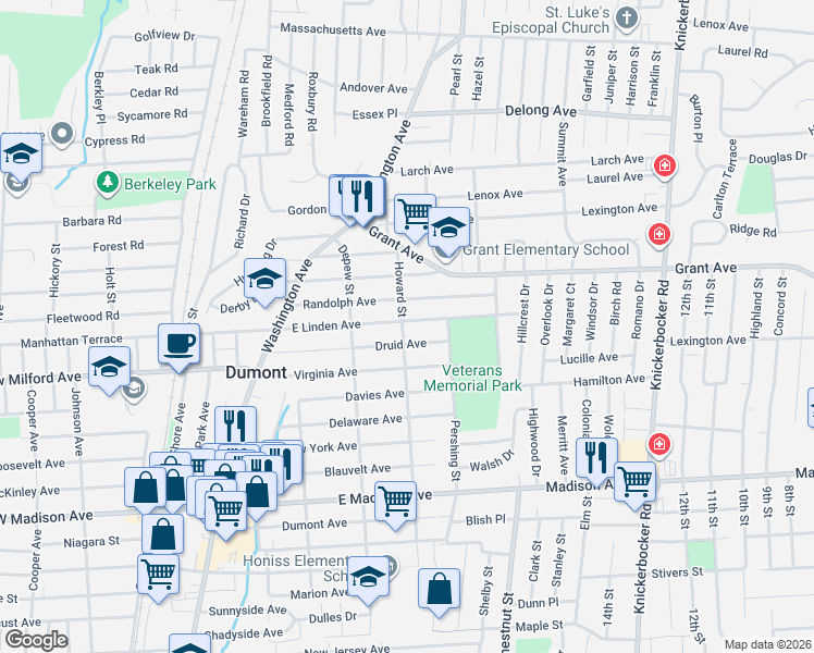 map of restaurants, bars, coffee shops, grocery stores, and more near 154 Druid Avenue in Dumont