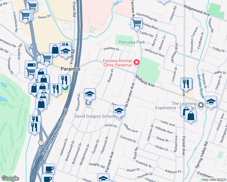 map of restaurants, bars, coffee shops, grocery stores, and more near 366 Valley View Avenue in Paramus