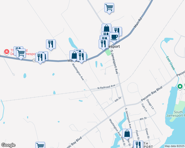 map of restaurants, bars, coffee shops, grocery stores, and more near 37 Circle Drive in Riverhead