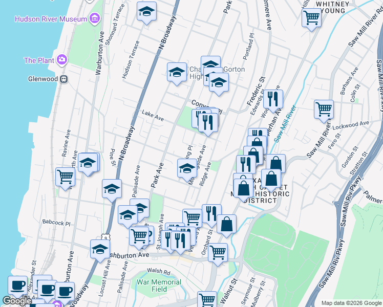 map of restaurants, bars, coffee shops, grocery stores, and more near 66 Waring Place in Yonkers