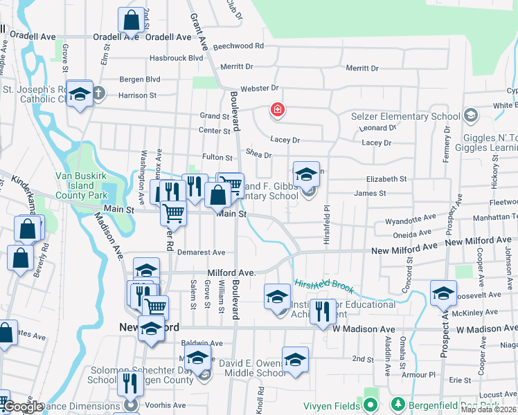 map of restaurants, bars, coffee shops, grocery stores, and more near 325 Main Street in New Milford