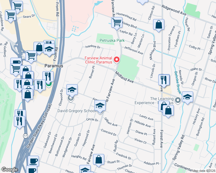 map of restaurants, bars, coffee shops, grocery stores, and more near 381 North Farview Avenue in Paramus