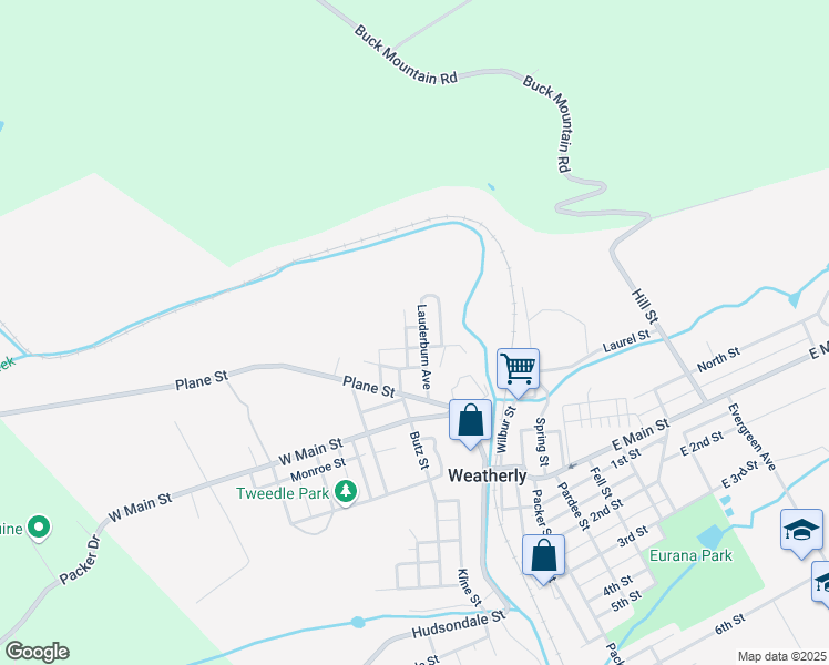 map of restaurants, bars, coffee shops, grocery stores, and more near Lily Alley in Weatherly