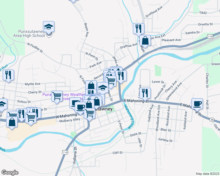 map of restaurants, bars, coffee shops, grocery stores, and more near 266 North Penn Street in Punxsutawney
