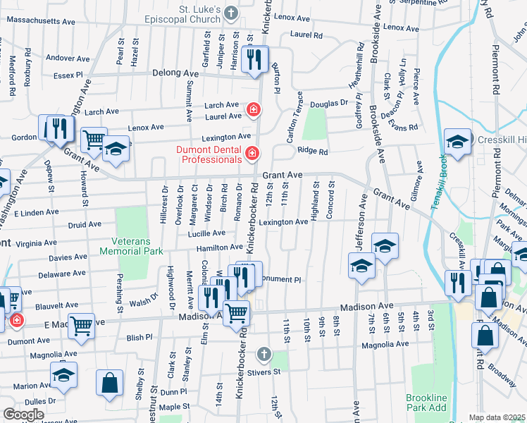 map of restaurants, bars, coffee shops, grocery stores, and more near 453 12th Street in Cresskill