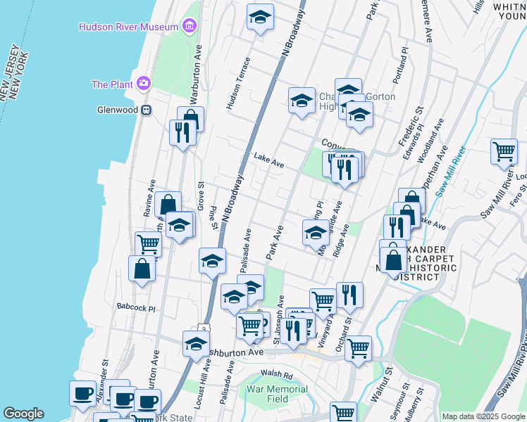 map of restaurants, bars, coffee shops, grocery stores, and more near 17 Delavan Terrace in Yonkers