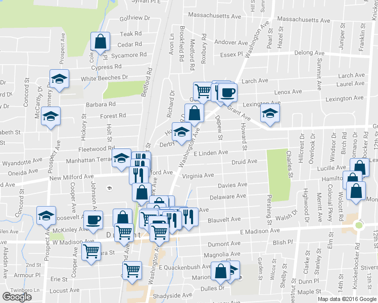 map of restaurants, bars, coffee shops, grocery stores, and more near 311 Washington Avenue in Dumont