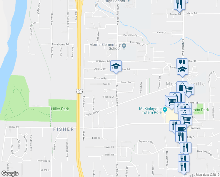 map of restaurants, bars, coffee shops, grocery stores, and more near 2214 Commercial Lane in McKinleyville