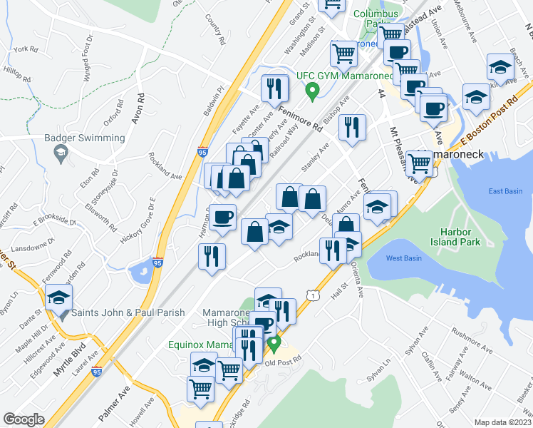 map of restaurants, bars, coffee shops, grocery stores, and more near 720 Palmer Avenue in Mamaroneck