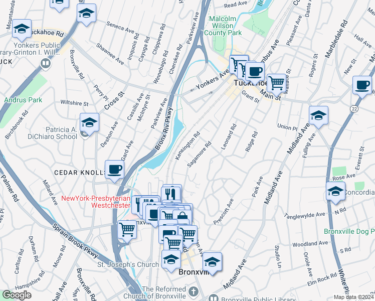map of restaurants, bars, coffee shops, grocery stores, and more near 61 Sagamore Road in Bronxville
