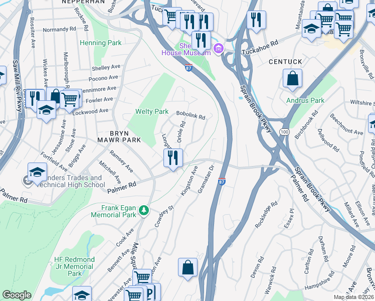 map of restaurants, bars, coffee shops, grocery stores, and more near 2 Martin Road in Yonkers