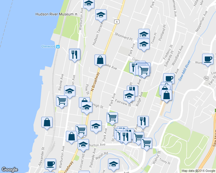 map of restaurants, bars, coffee shops, grocery stores, and more near 17 Delavan Terrace in Yonkers