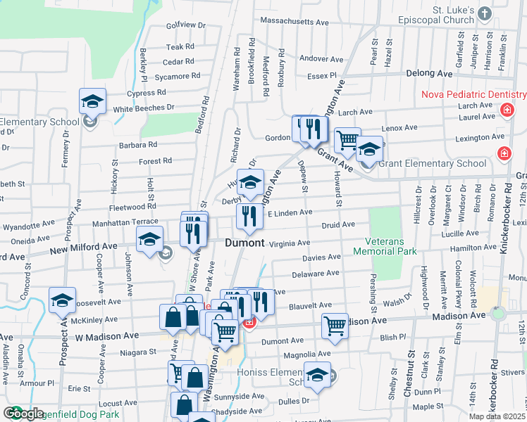 map of restaurants, bars, coffee shops, grocery stores, and more near 40 Druid Avenue in Dumont