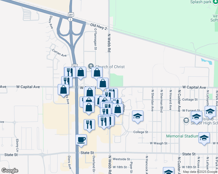 map of restaurants, bars, coffee shops, grocery stores, and more near 3307 West Capital Avenue in Grand Island