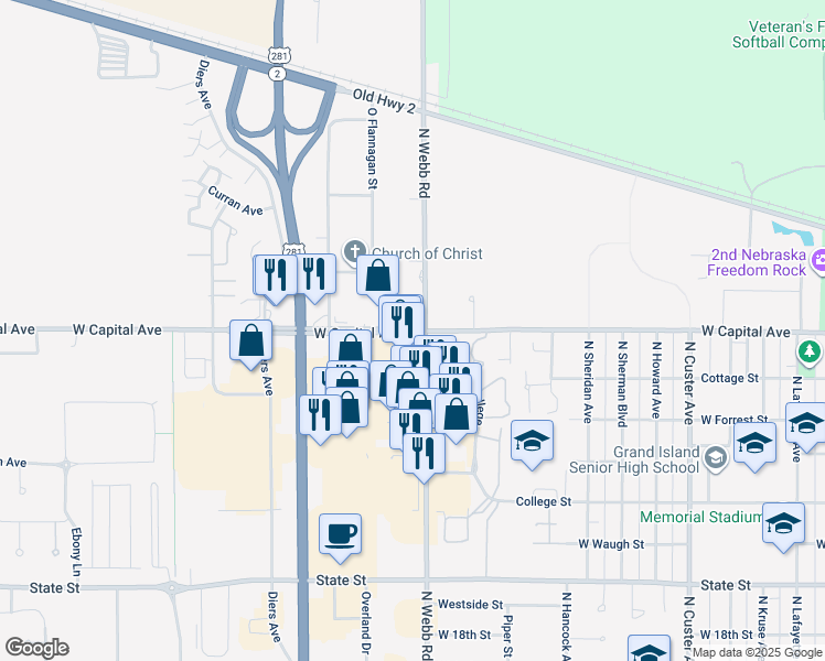 map of restaurants, bars, coffee shops, grocery stores, and more near 3307 West Capital Avenue in Grand Island