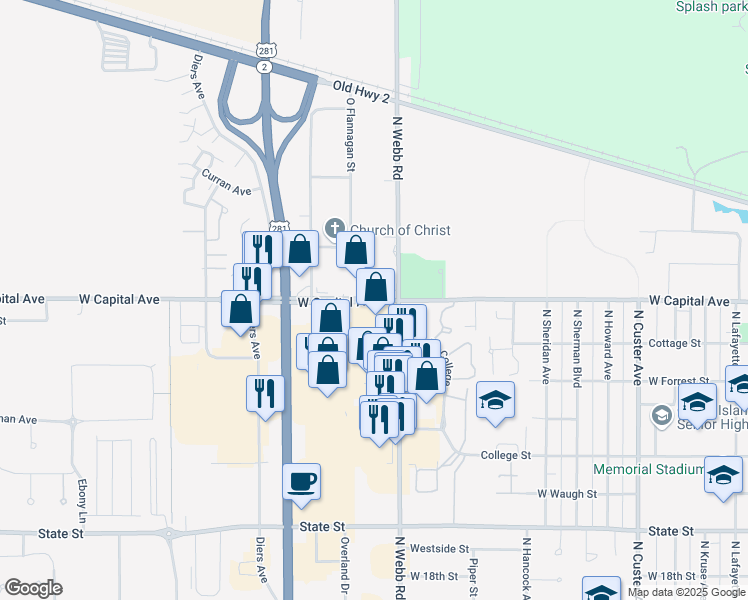 map of restaurants, bars, coffee shops, grocery stores, and more near 3359 West Capital Avenue in Grand Island