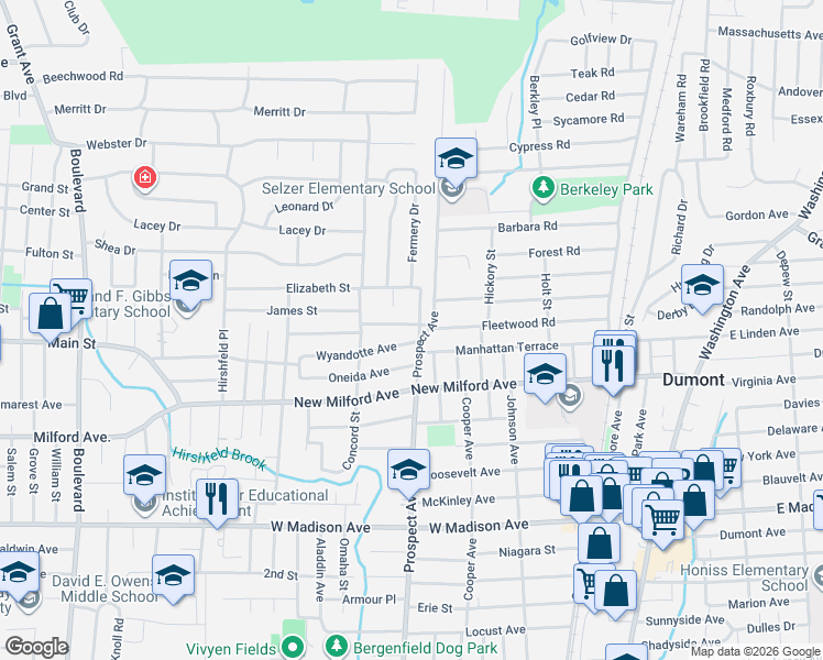 map of restaurants, bars, coffee shops, grocery stores, and more near 26 Wyandotte Avenue in Dumont