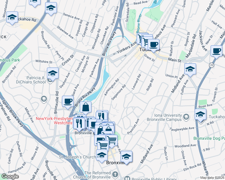 map of restaurants, bars, coffee shops, grocery stores, and more near 61 Sagamore Road in Bronxville