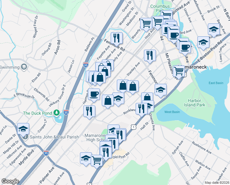 map of restaurants, bars, coffee shops, grocery stores, and more near 720 Palmer Avenue in Mamaroneck