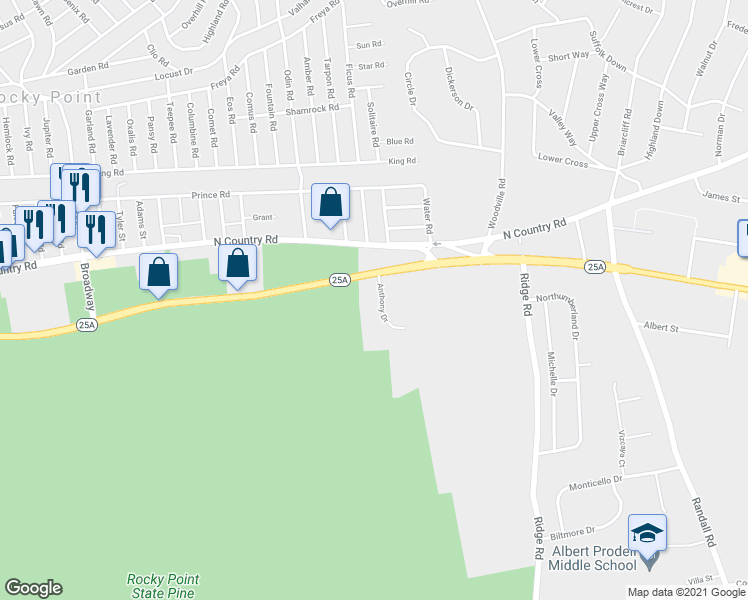 map of restaurants, bars, coffee shops, grocery stores, and more near 4 Anthony Drive in Rocky Point