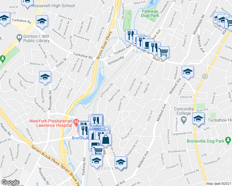map of restaurants, bars, coffee shops, grocery stores, and more near 72 Sagamore Road in Bronxville