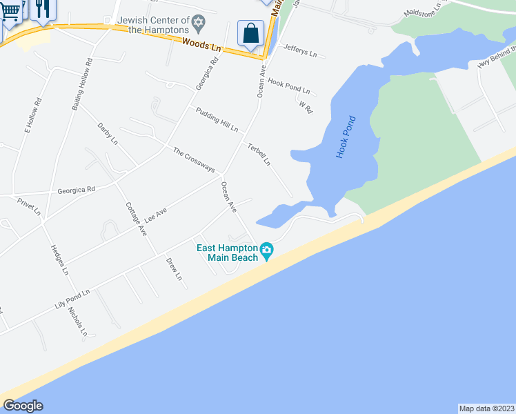 map of restaurants, bars, coffee shops, grocery stores, and more near 10 Lockwood Lane in East Hampton