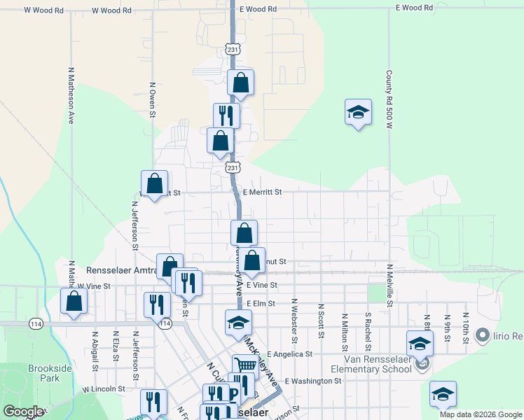 map of restaurants, bars, coffee shops, grocery stores, and more near 301-399 E Maple St in Rensselaer
