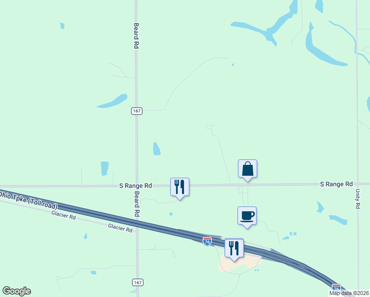 map of restaurants, bars, coffee shops, grocery stores, and more near 3216 East South Range Road in New Springfield