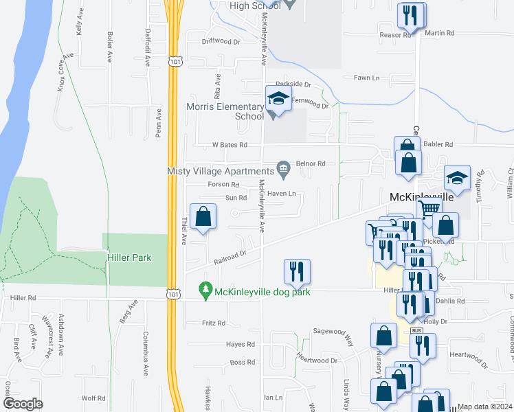 map of restaurants, bars, coffee shops, grocery stores, and more near 2214 Commercial Lane in McKinleyville