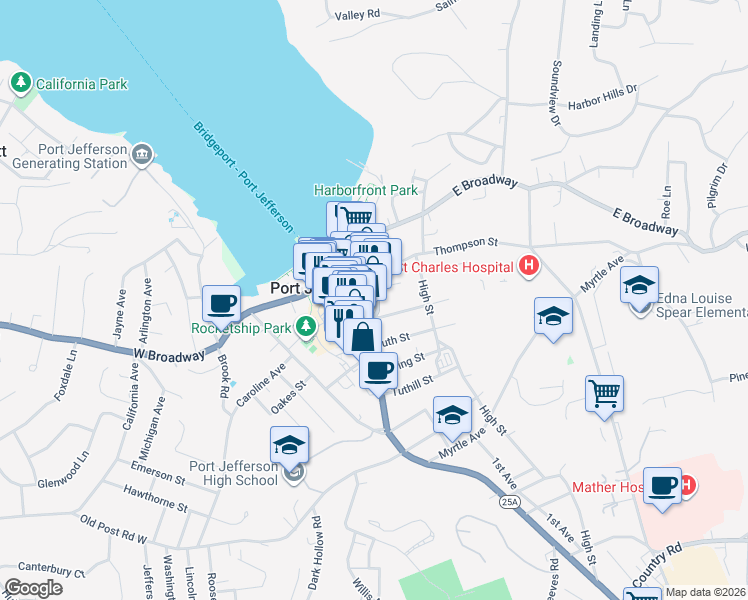 map of restaurants, bars, coffee shops, grocery stores, and more near 104 Prospect Street in Port Jefferson