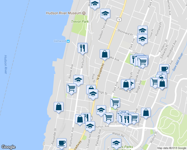 map of restaurants, bars, coffee shops, grocery stores, and more near 295 North Broadway in Yonkers