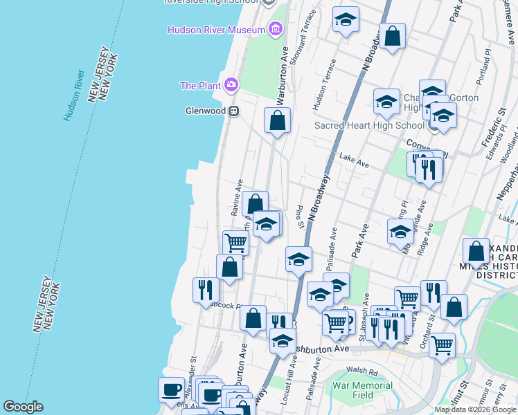map of restaurants, bars, coffee shops, grocery stores, and more near 228 Woodworth Avenue in Yonkers