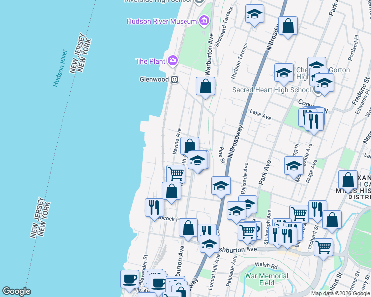 map of restaurants, bars, coffee shops, grocery stores, and more near 228 Woodworth Avenue in Yonkers