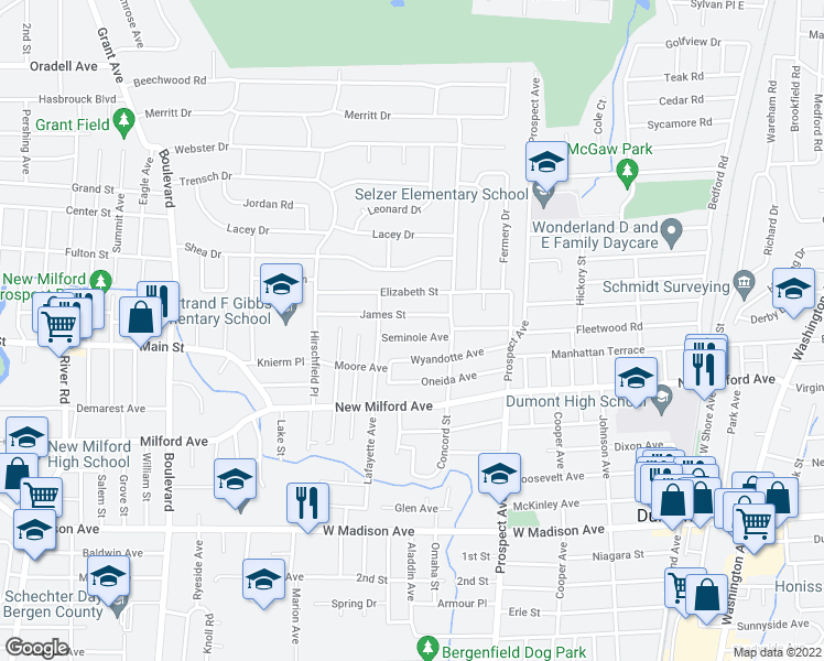 map of restaurants, bars, coffee shops, grocery stores, and more near 108 Wyandotte Avenue in Dumont