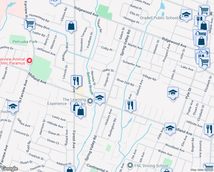 map of restaurants, bars, coffee shops, grocery stores, and more near 307 Montana Street in Paramus