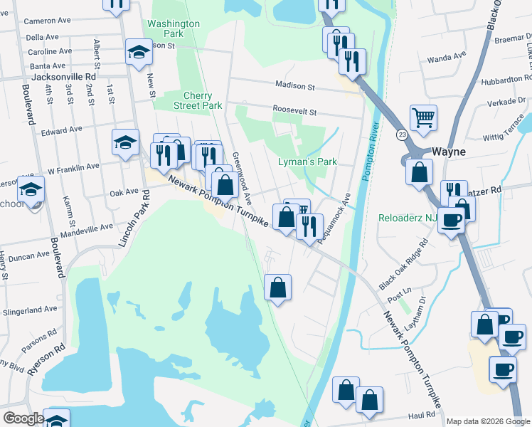 map of restaurants, bars, coffee shops, grocery stores, and more near 8 Newark Pompton Turnpike in Pequannock Township