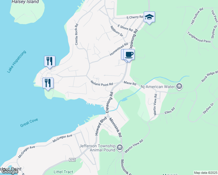 map of restaurants, bars, coffee shops, grocery stores, and more near 11 Bird Lane in Jefferson