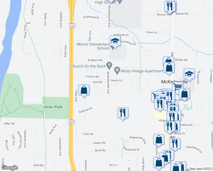 map of restaurants, bars, coffee shops, grocery stores, and more near 1195 Joanna Court in McKinleyville